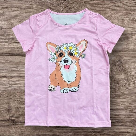 Pink Corgi Pajama Set with Cartoon Design and Daisies 3 Piece Set Size 8 - 9 Y - Picture 2 of 12